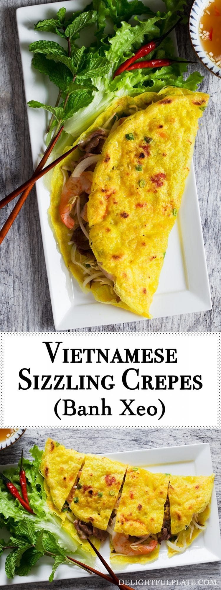 Vietnamese Crepe is crispy and filled with shrimp, pork and bean sprouts. It is quick and easy to make this crepe at home. You can serve it with lettuce, herb and Vietnamese dipping sauce as a snack, appetizer or main dish.