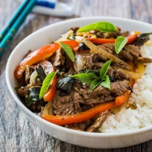 Stir fried Thai basil beef red bell pepper