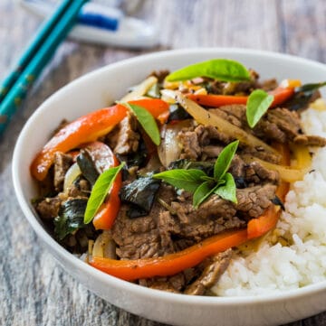 Stir fried Thai basil beef and red bell pepper