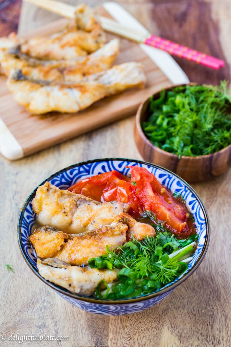 Vietnamese fried fish noodle soup is delicious with light and delicate broth, and crispy toppings