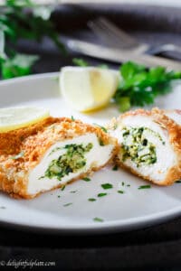 This basil spinach stuffed chicken breast is crispy on the outside, and moist and juicy on the inside. An amazing aroma will greet you when you slice through the crispy exterior.