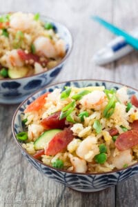 This Shrimp and Chinese Sausage Fried Rice comes together in 20 minutes. So quick and easy! Recipe and tips for making fried rice are on delightfulplate.com.
