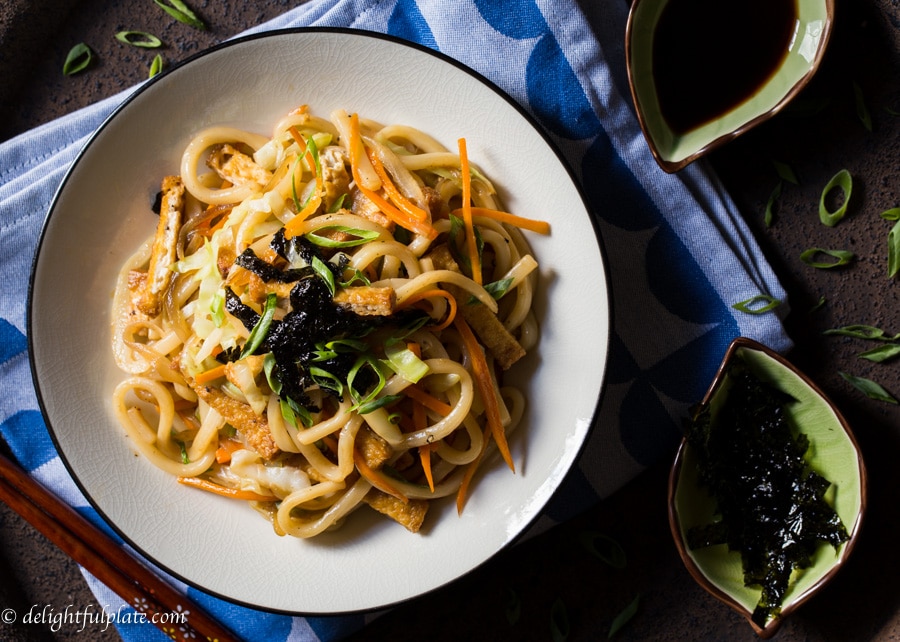 Vegetarian tofu yaki udon Delightful Plate