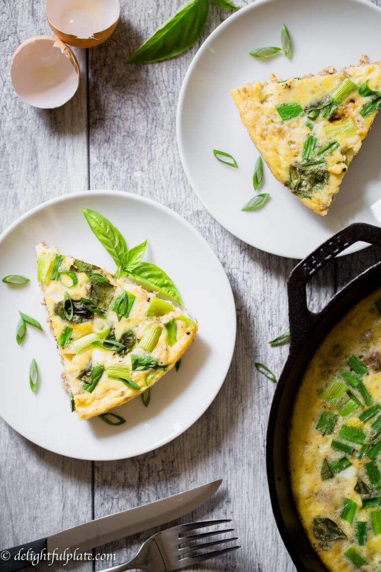 This luscious Vietnamese Frittata features eggs, ground pork, onion and basil. It's so quick and easy to make. You only need one cast iron skillet to cook it.