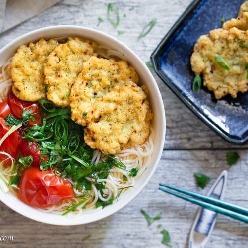 Fried fish cake noodle soup in tomato dashi broth