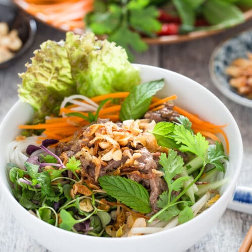 Vietnamese Beef Noodle Salad (Bun Bo Xao) is packed with crunchy veggies, refreshing herbs and flavorful beef. It is quick and easy to make and can be either a main a side dish.