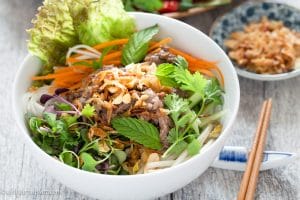 Vietnamese Beef Noodle Salad (Bun Bo Xao) is healthy and tasty with flavorful beef, fresh herbs and veggies. This simple noodle dish can be either a main or side dish.