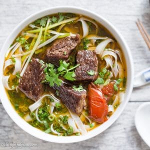 Vietnamese beef stew pho noodle soup is a hearty and comforting dish which can be made in a slow cooker, pressure cooker or on the stovetop.