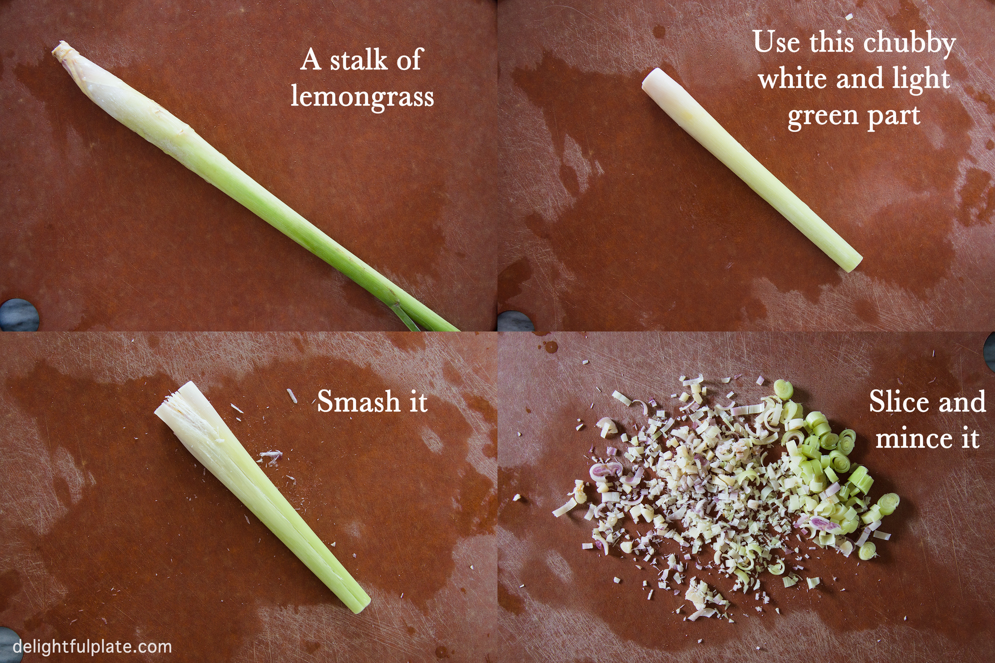 How to prepare lemongrass for Vietnamese grilled pork chops: peel off dry layers, trim the upper part, smash, thinly slice and mince.