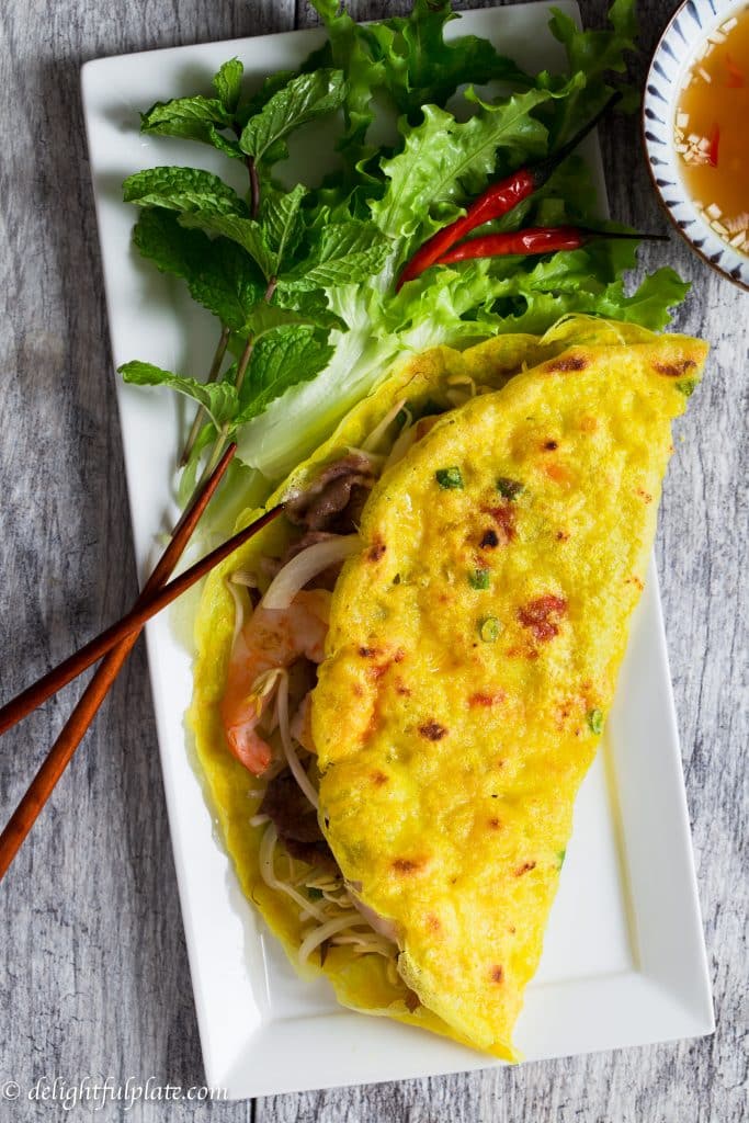 Sizzling Vietnamese Crepe (Banh Xeo) - Delightful Plate