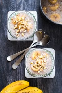Banana Tapioca Pudding (Che Chuoi) is an excellent Vietnamese dessert with creamy coconut soup, fruity scent of bananas, and slightly chewy tapioca pearls. This dessert is delicious, easy and dairy-free.