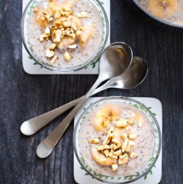 Banana Tapioca Pudding (Che Chuoi) is an excellent Vietnamese dessert with creamy coconut soup, fruity scent of bananas, and slightly chewy tapioca pearls. This dessert is delicious, easy and dairy-free.