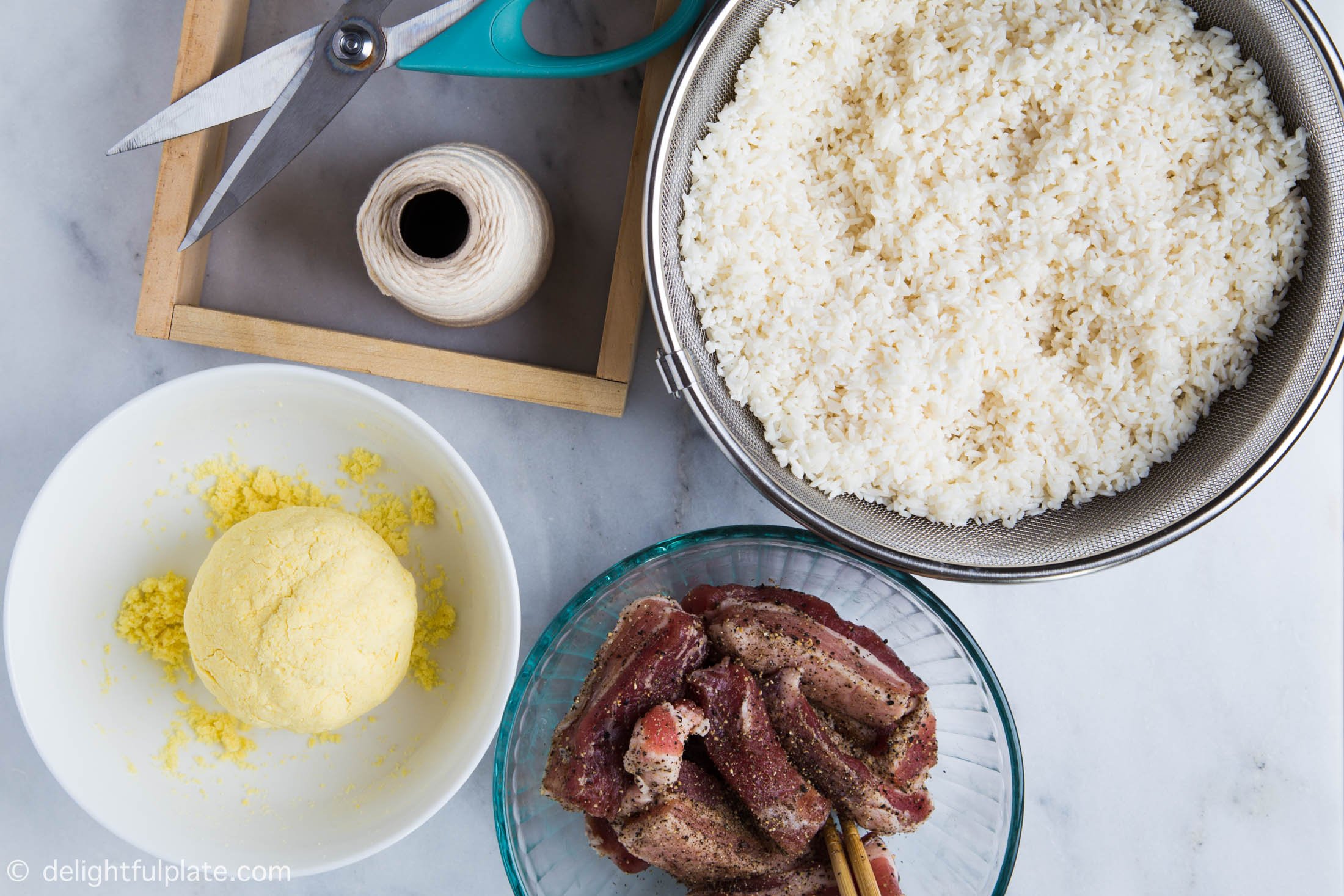 Ingredients for Banh Chung filling: long-grain sticky rice, mung bean and pork belly