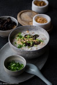 This Pressure Cooker Pork Congee with soy baked mushrooms is comforting and nourishing. Cooking the congee in a pressure cooker reduces time significantly while still achieving a creamy texture.
