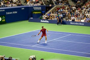 Our along-the-court view of the Federer vs Millman match from the last courtside row, US Open 2018.