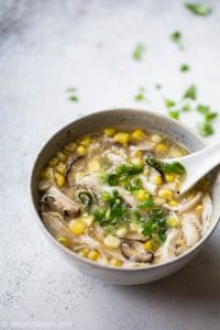 This easy chicken corn soup with shiitake mushrooms is a popular Vietnamese soup. It has the natural sweetness from fresh sweetcorn and earthiness from dried shiitake mushrooms. You only need half an hour to cook a large batch in a pressure cooker such as an Instant Pot.