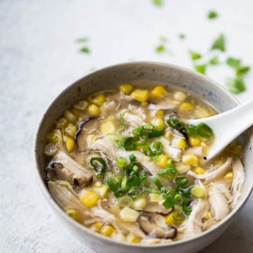 This easy chicken corn soup with shiitake mushrooms is a popular Vietnamese soup. It has the natural sweetness from fresh sweetcorn and earthiness from dried shiitake mushrooms. You only need half an hour to cook it in a pressure cooker such as an Instant Pot.