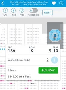US Open 2018 mens SF resale tickets on Ticketmaster