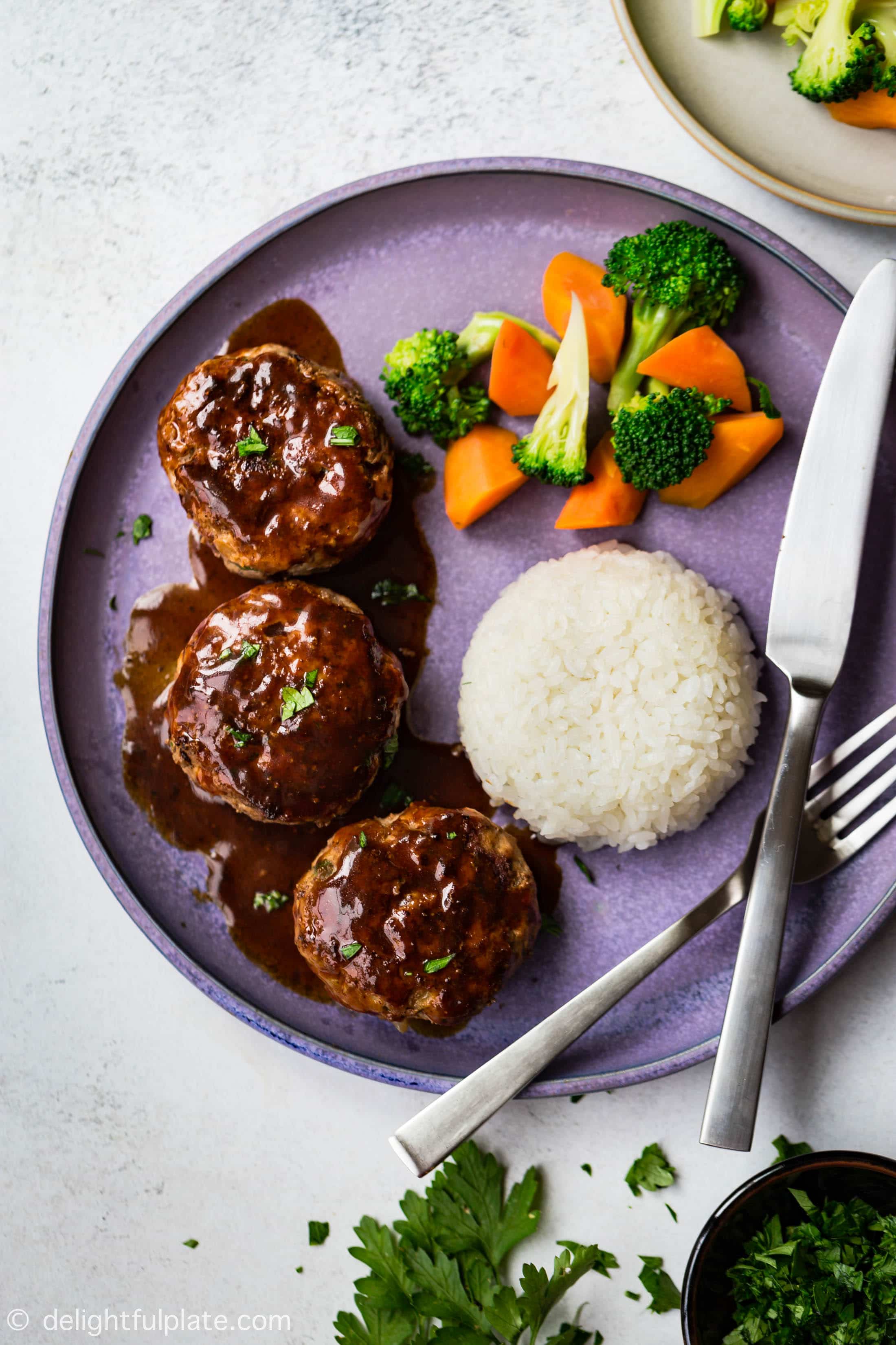 a plate of Japanese hamburg steak, served with rice and vegetables