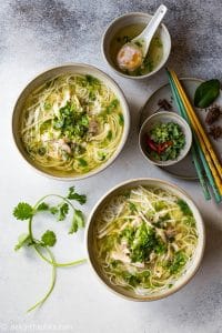 This Vietnamese Chicken Vermicelli Noodle Soup (Bun Ga) is light yet comforting and delicious. It takes only an hour to cook this easy and healthy noodle soup from scratch.