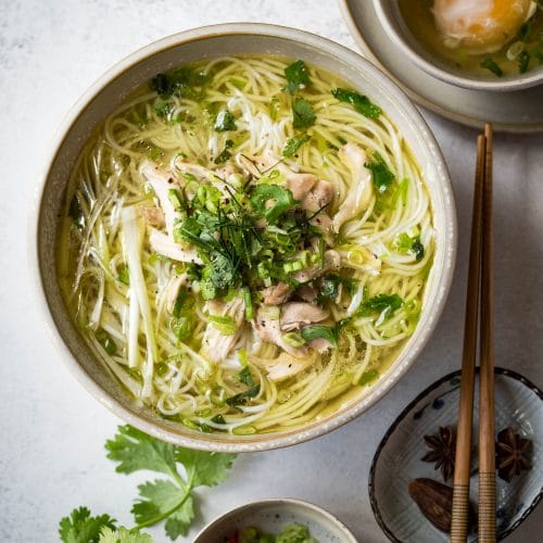 This Vietnamese Chicken Vermicelli Noodle Soup (Bun Ga) is light yet comforting and delicious. It is a perfect noodle soup for all year round, whether it's summer or winter.