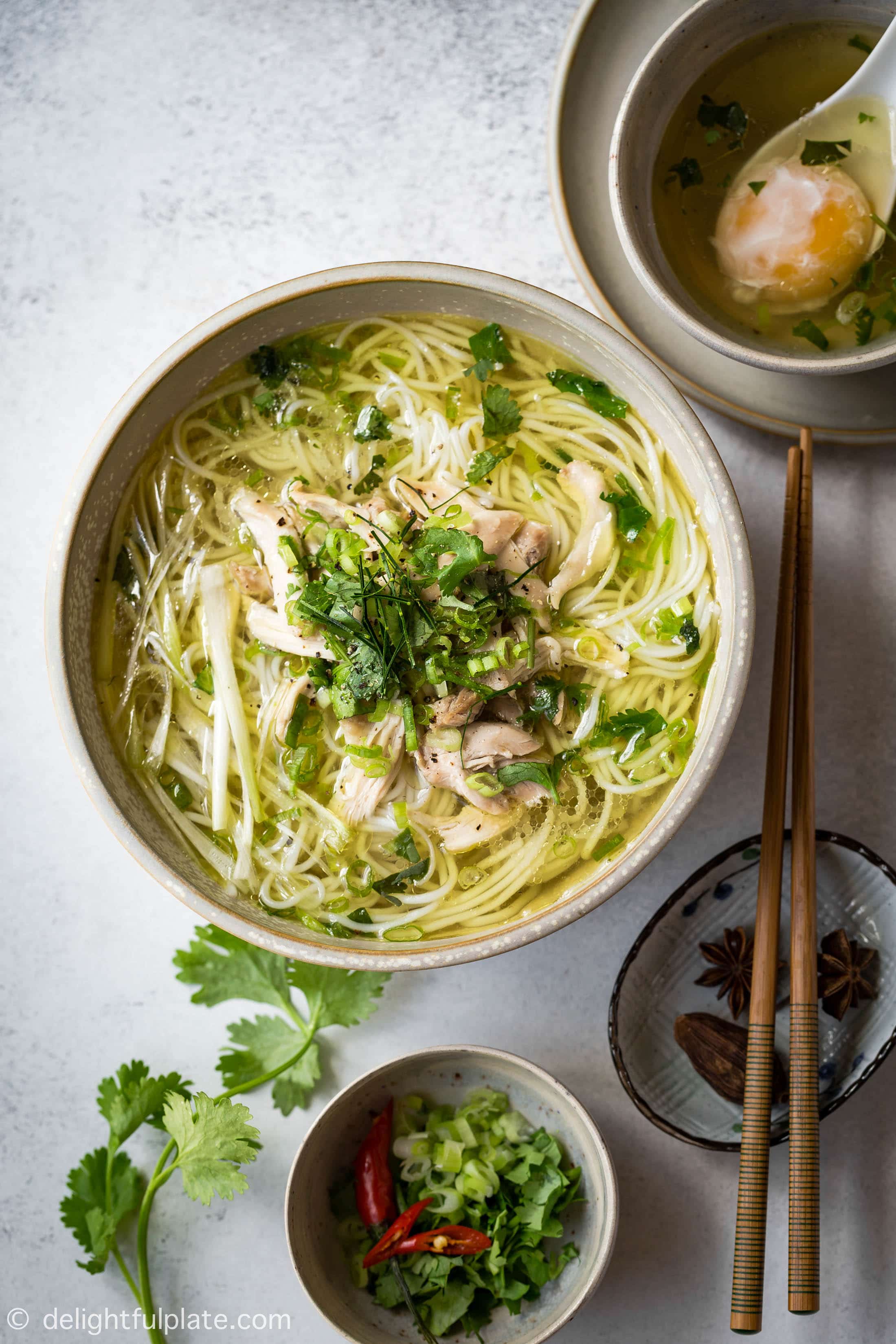 a bowl of Vietnamese chicken rice vermicelli noodle soup