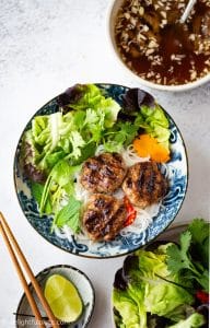 Bun Cha (Vietnamese Grilled Pork Meatballs with Vermicelli Noodles) is a popular dish in Hanoi. It features flavorful meatballs, rice vermicelli noodles, fresh herbs and sweet and sour dipping sauce. A classic dish that is quick and easy to make at home.