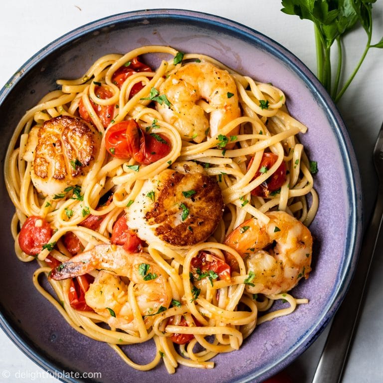 Scallop Shrimp Pasta with Burst Cherry Tomatoes - Delightful Plate