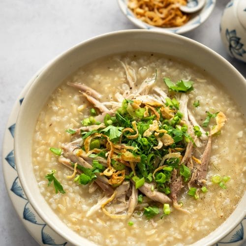 This Chicken Congee with Brown Rice is a classic Vietnamese congee made in a healthier and more flavorful way. Cooking this congee with a pressure cooker such as an Instant Pot yields a perfect creamy texture in a short amount of time. Very easy and tasty!