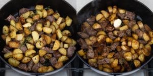 Cooking steak bites and potatoes