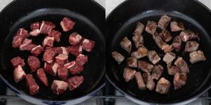 Searing beef in a hot pan for steak bites and potatoes recipe.
