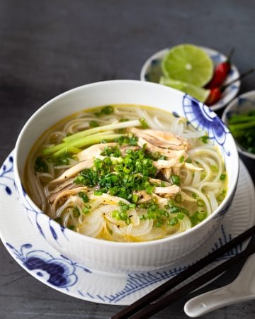 a bowl of Vietnamese chicken pho noodle soup
