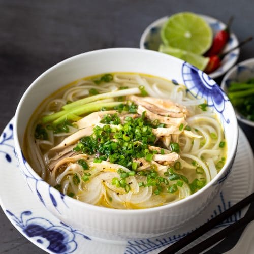 a bowl of Vietnamese chicken pho noodle soup