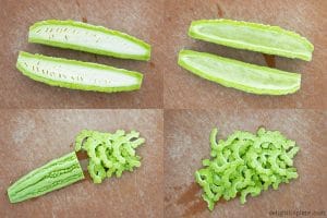 Prepare bitter melon for stir-frying: slice in half lengthwise, scoop out seeds and thinly slice.