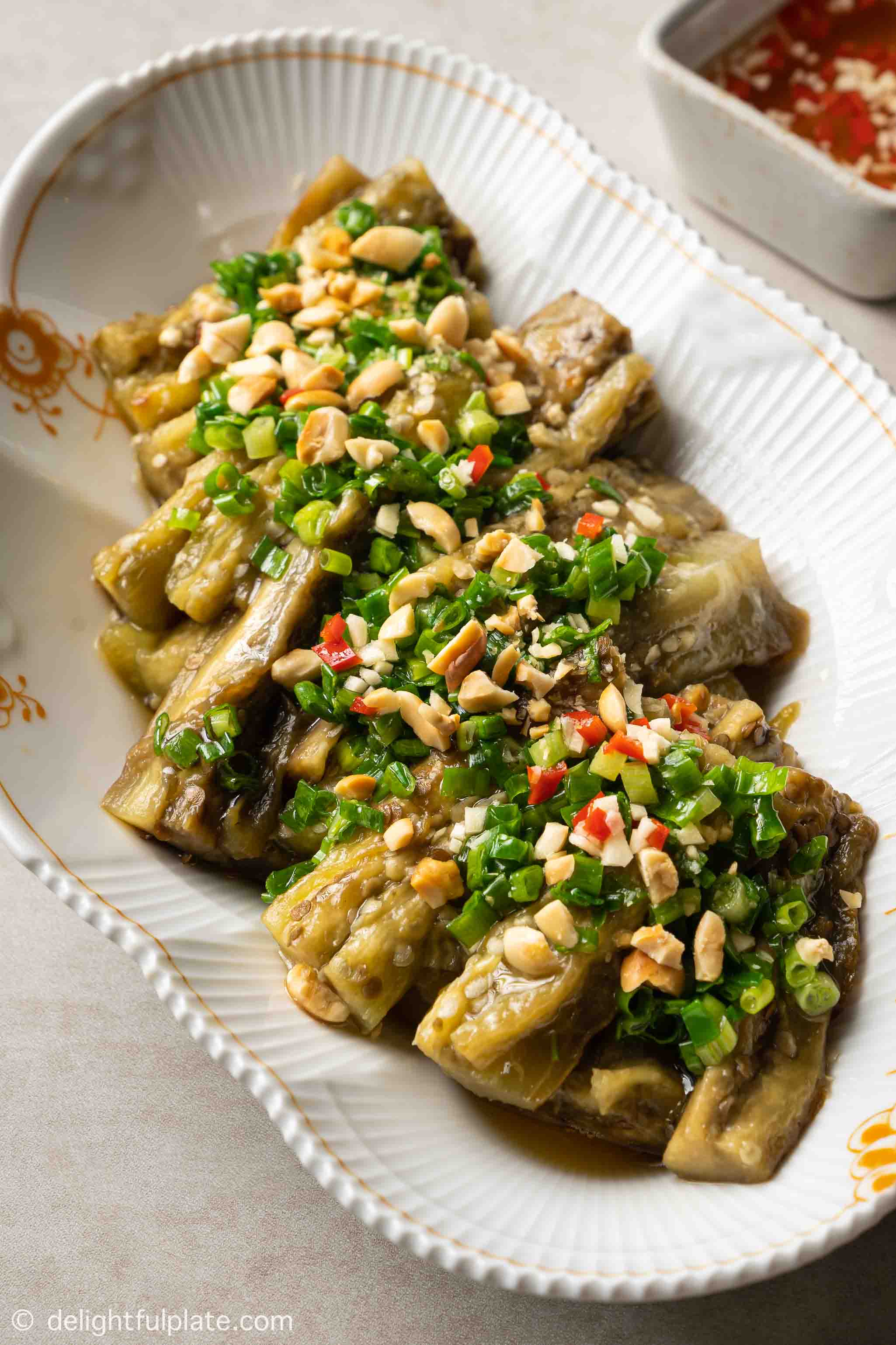 a plate of Vietnamese grilled eggplant (ca tim nuong mo hanh)