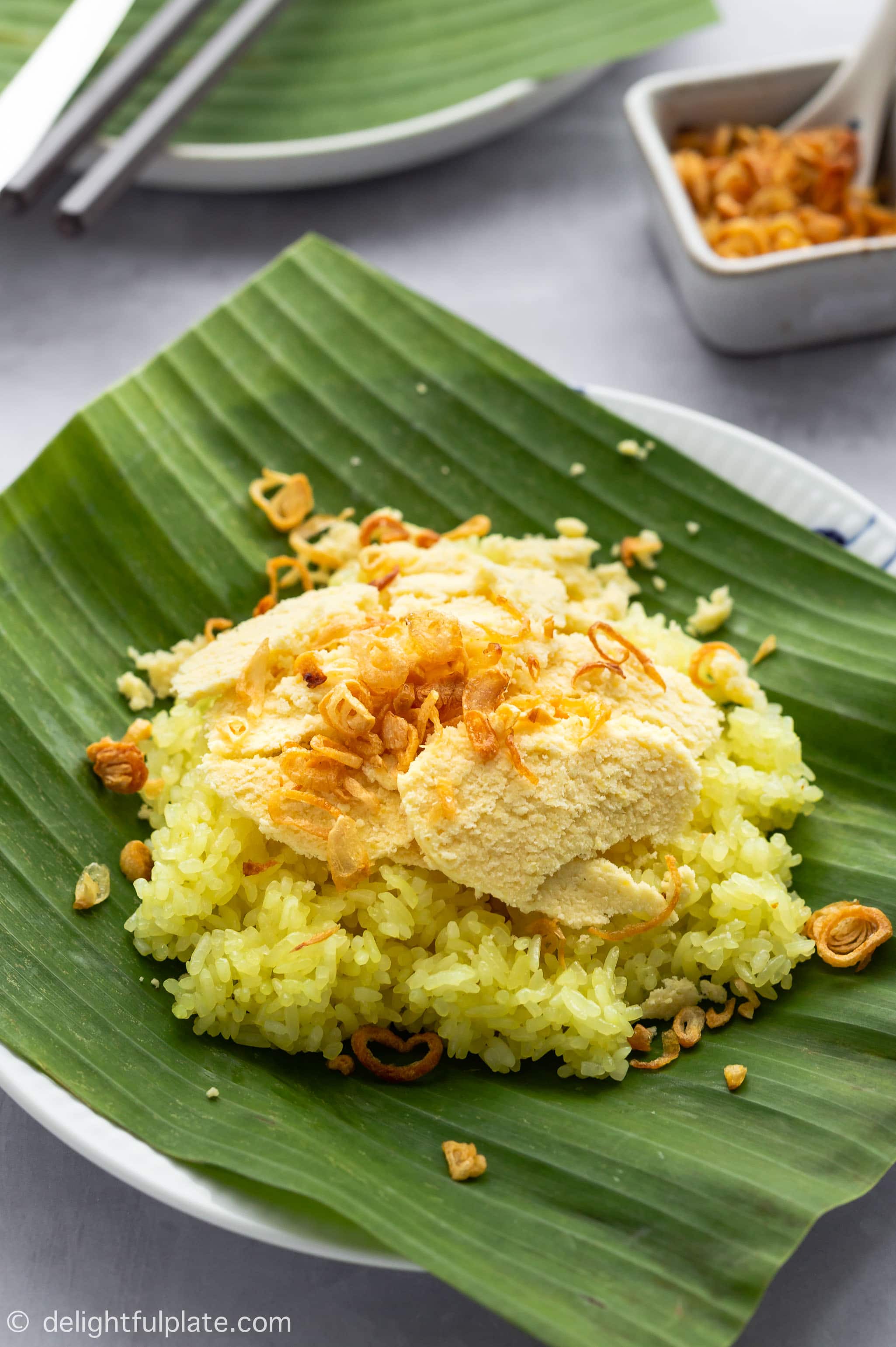 A plate of Vietnamese sticky rice with slices of mung bean and fried shallots. This is Xoi Xeo, a popular dish in Hanoi.