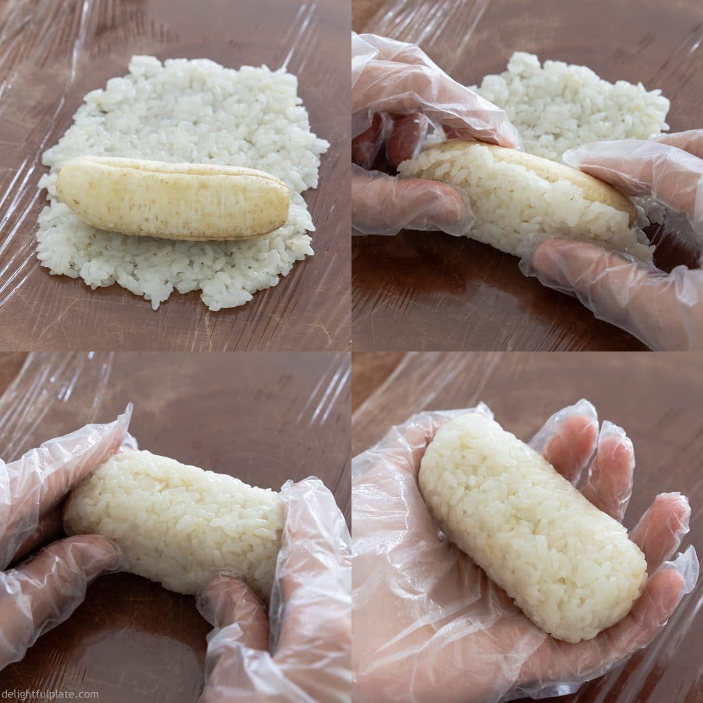 Spread sticky rice into a thin layer. Place a banana on top and roll until all sides of the banana is covered with sticky rice.