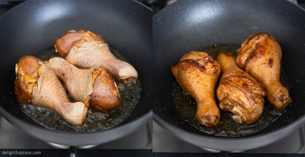 Briefly fry chicken drumsticks that have been marinated in a deep pan - first step in cooking Vietnamese Rotisserie Chicken (Ga Roti)