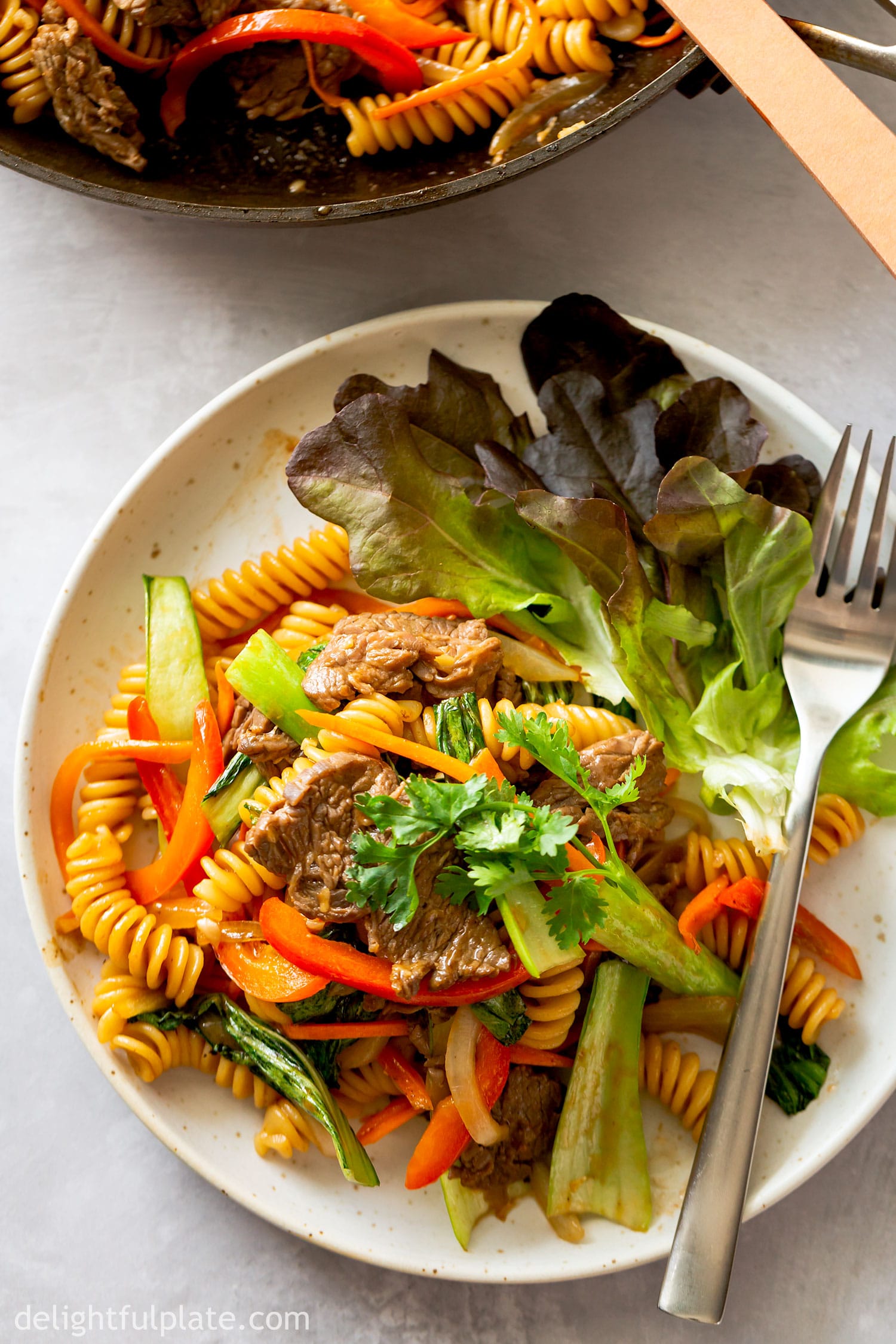 a plate of Vietnamese stir-fried pasta with beef and veggies.