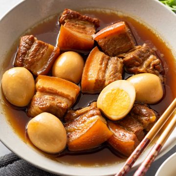 a bowl of Vietnamese caramelized pork belly and eggs (thit kho tau)