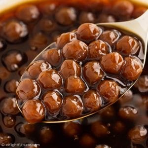 a spoon with freshly prepared homemade boba pearls