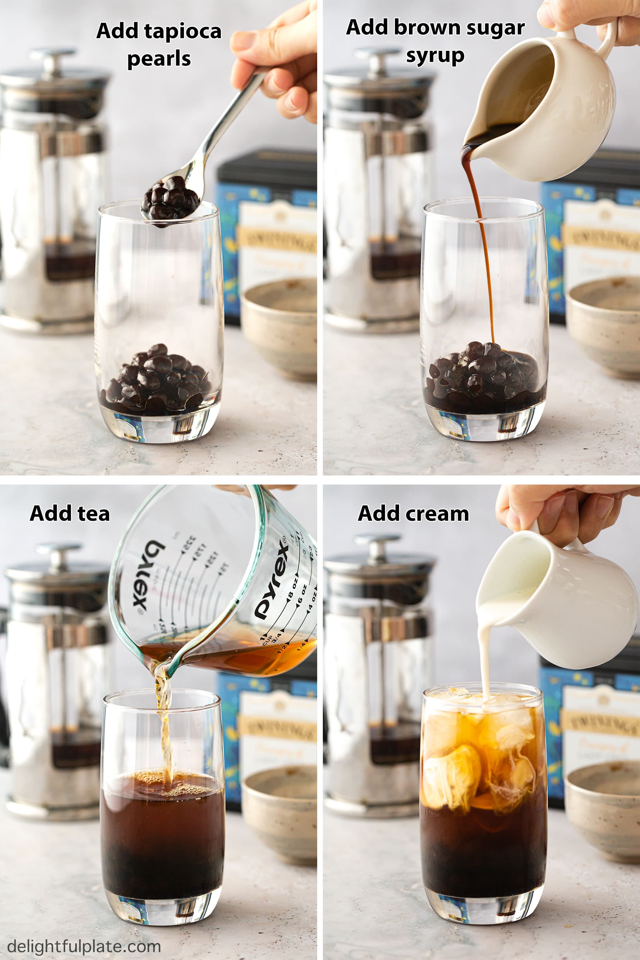 Step by step to make brown sugar milk tea at home: adding tapioca pearls, adding sugar syrup, adding tea and adding cream