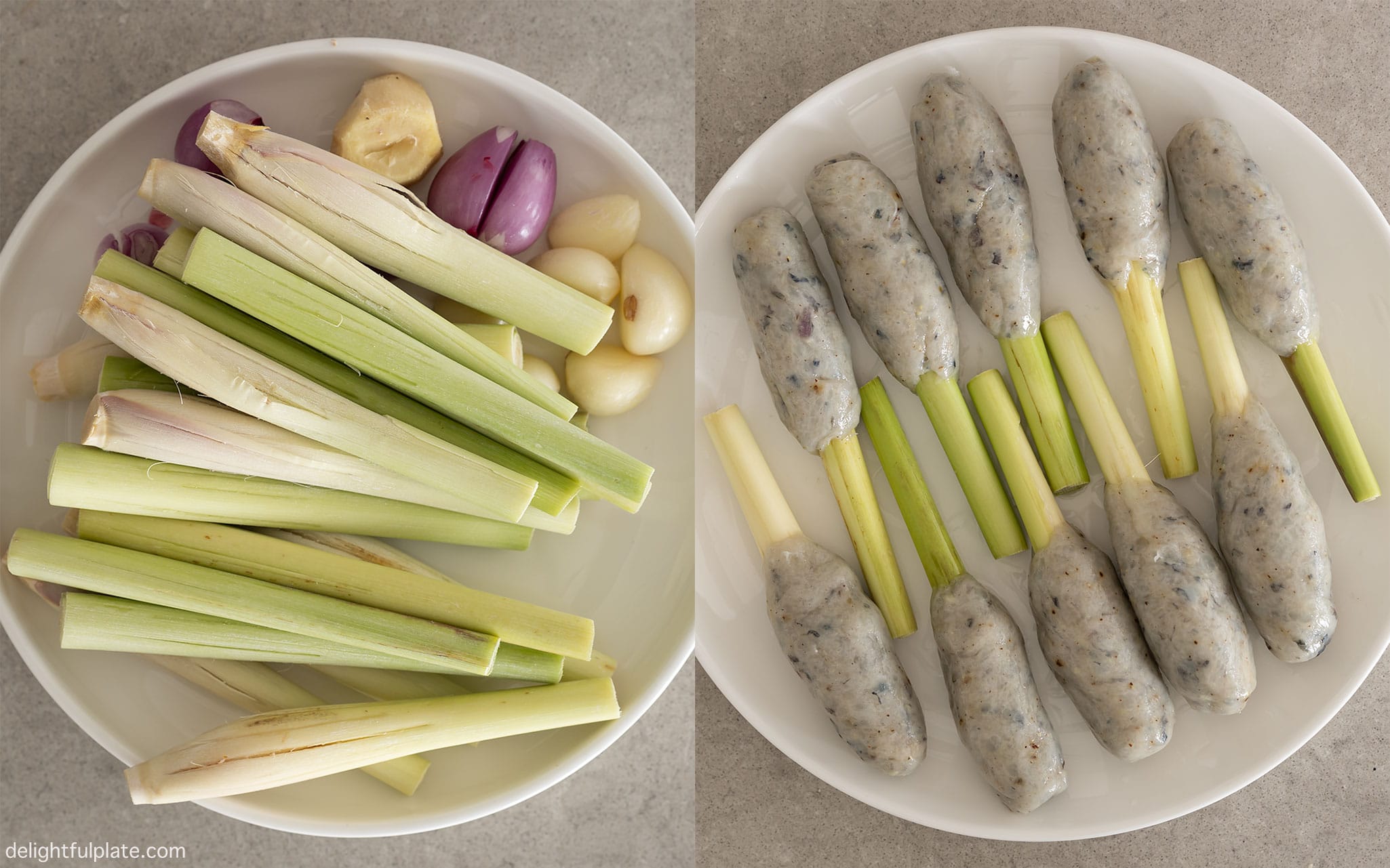 Lemongrass sticks before and after being wrapped with shrimp mousse