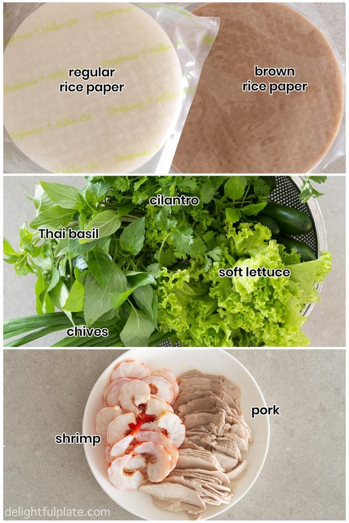 collage of ingredients to make Vietnamese rice paper rolls