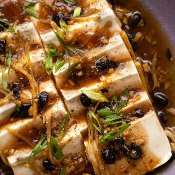 a plate of steamed tofu in fermented black bean sauce.