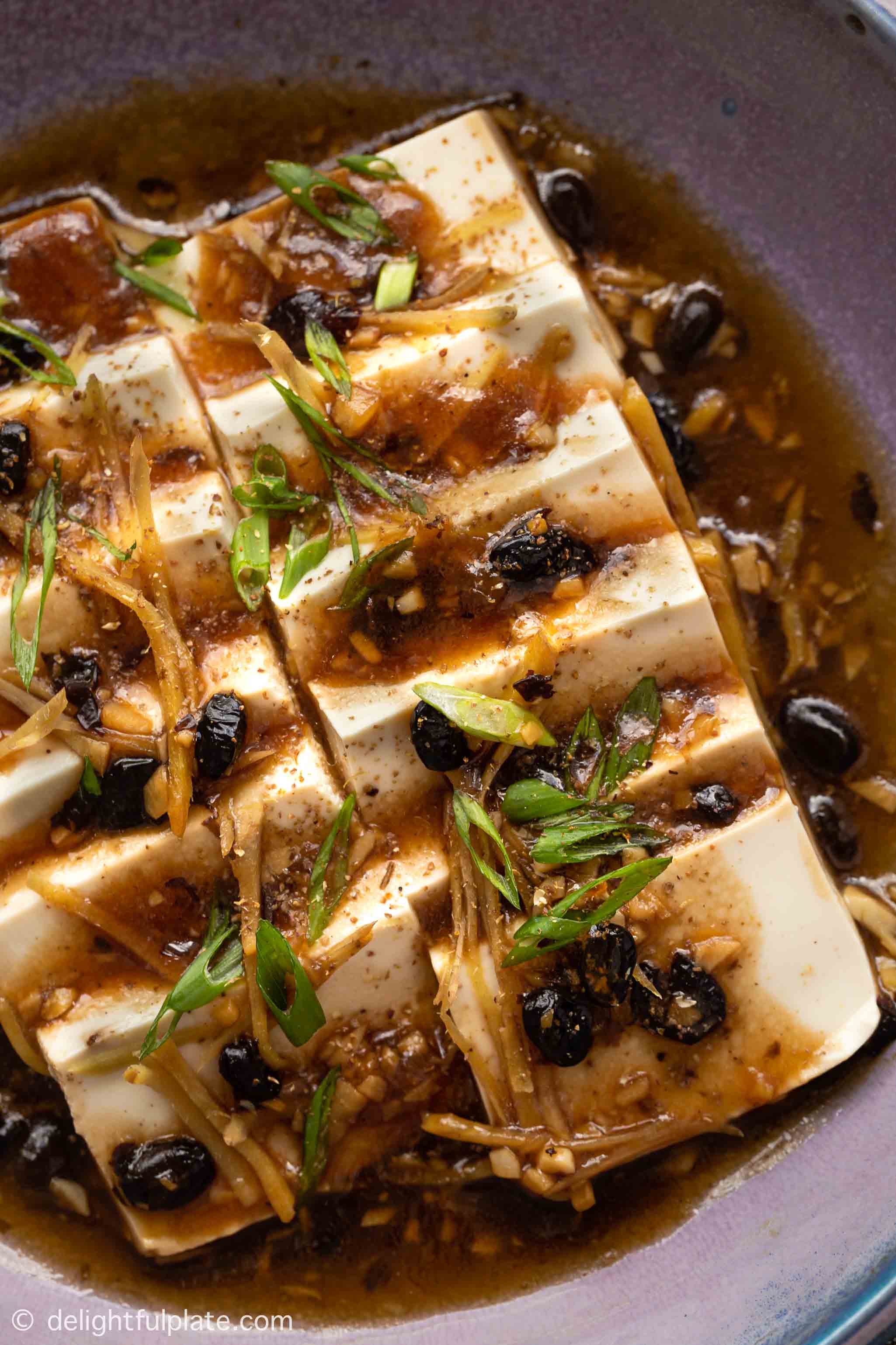 a plate of steamed silken tofu with black bean sauce