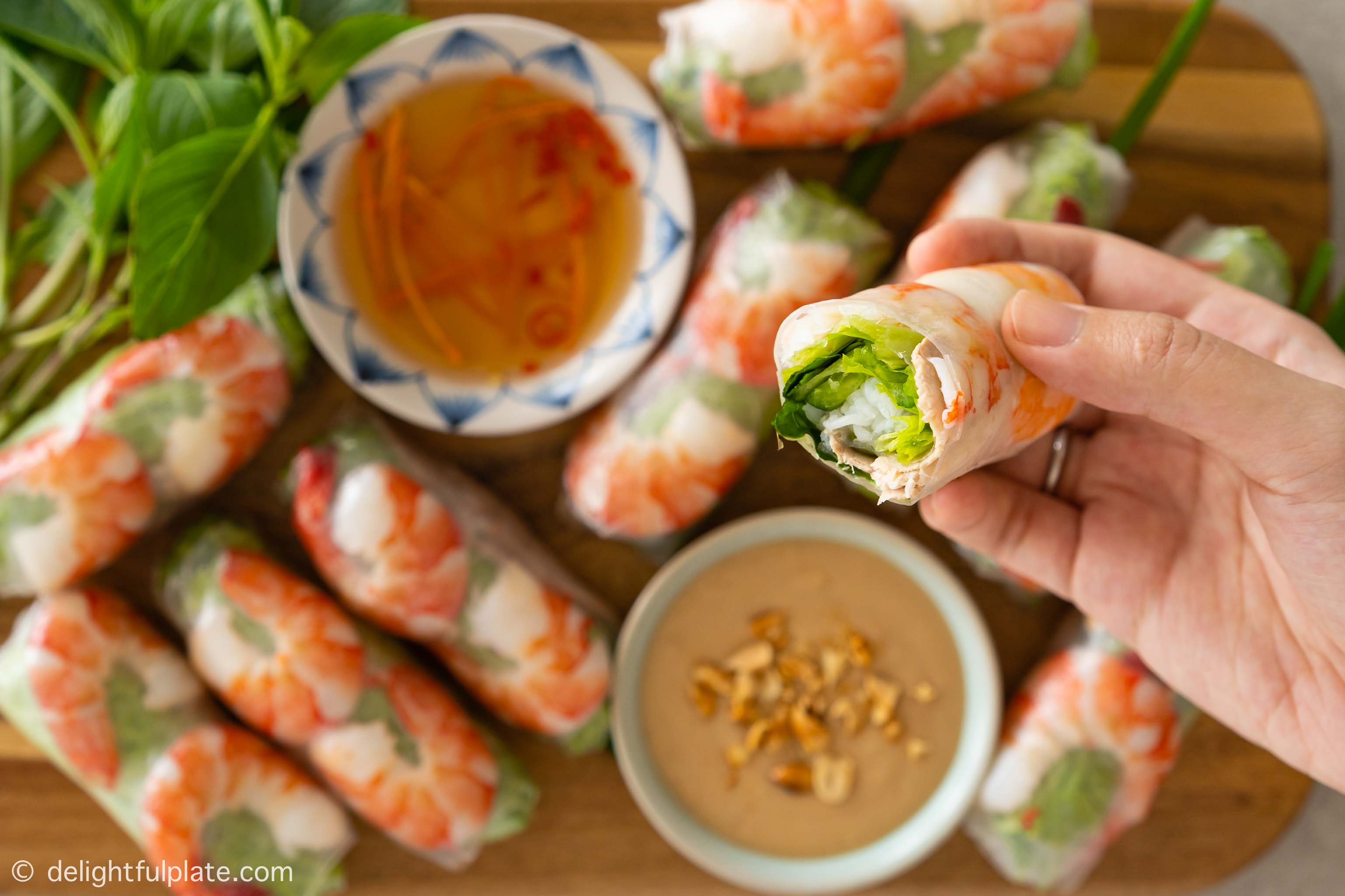 a Vietnamese spring roll consists of pork, shrimp, vermicelli noodles, lettuce and herbs