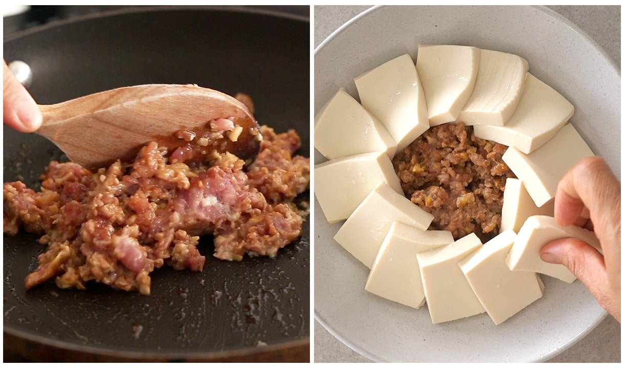 a collage of two steps to make the recipe: sautéing the pork and placing the pork and tofu in a plate to steam