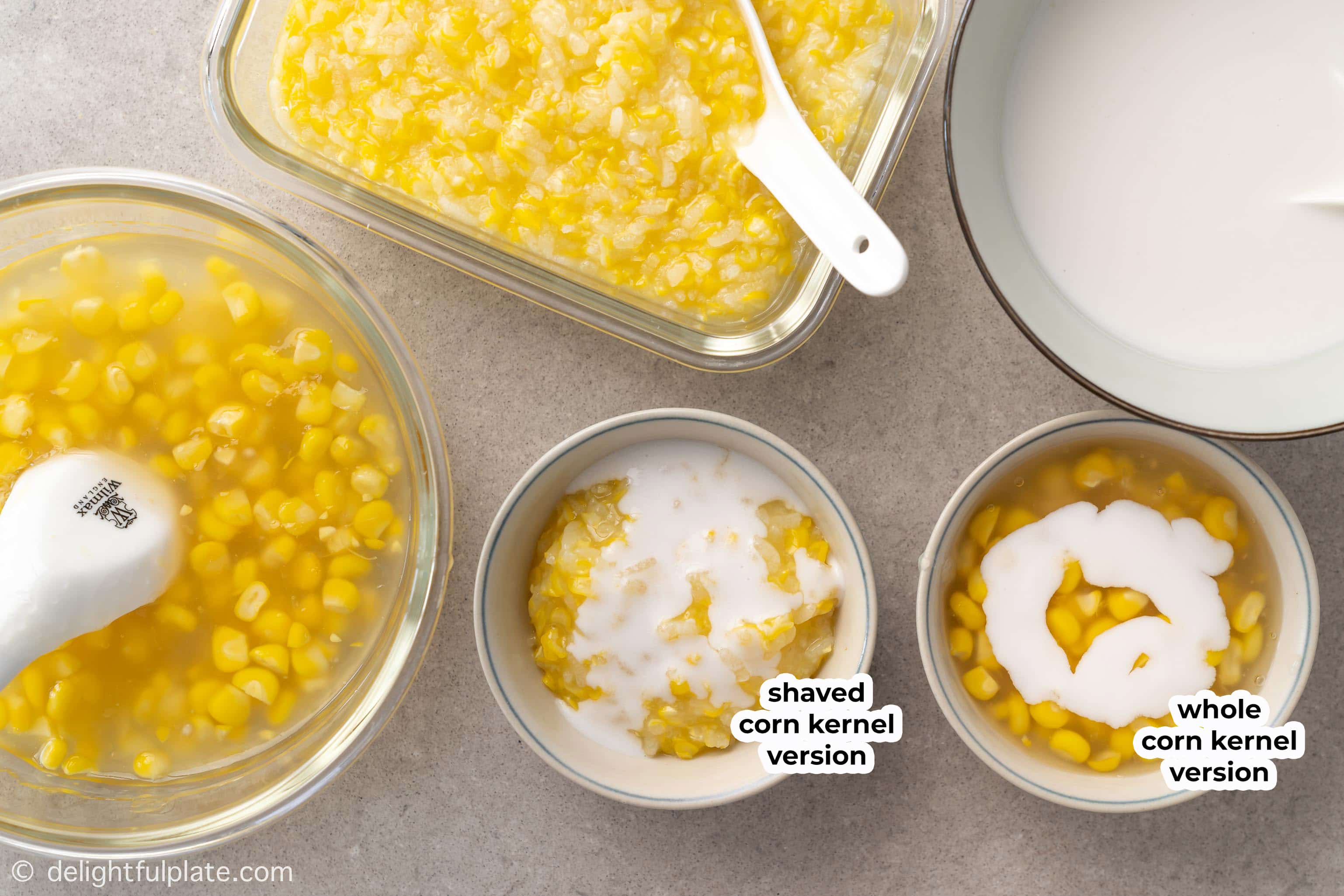 bowls containing different variations of the sweet corn pudding