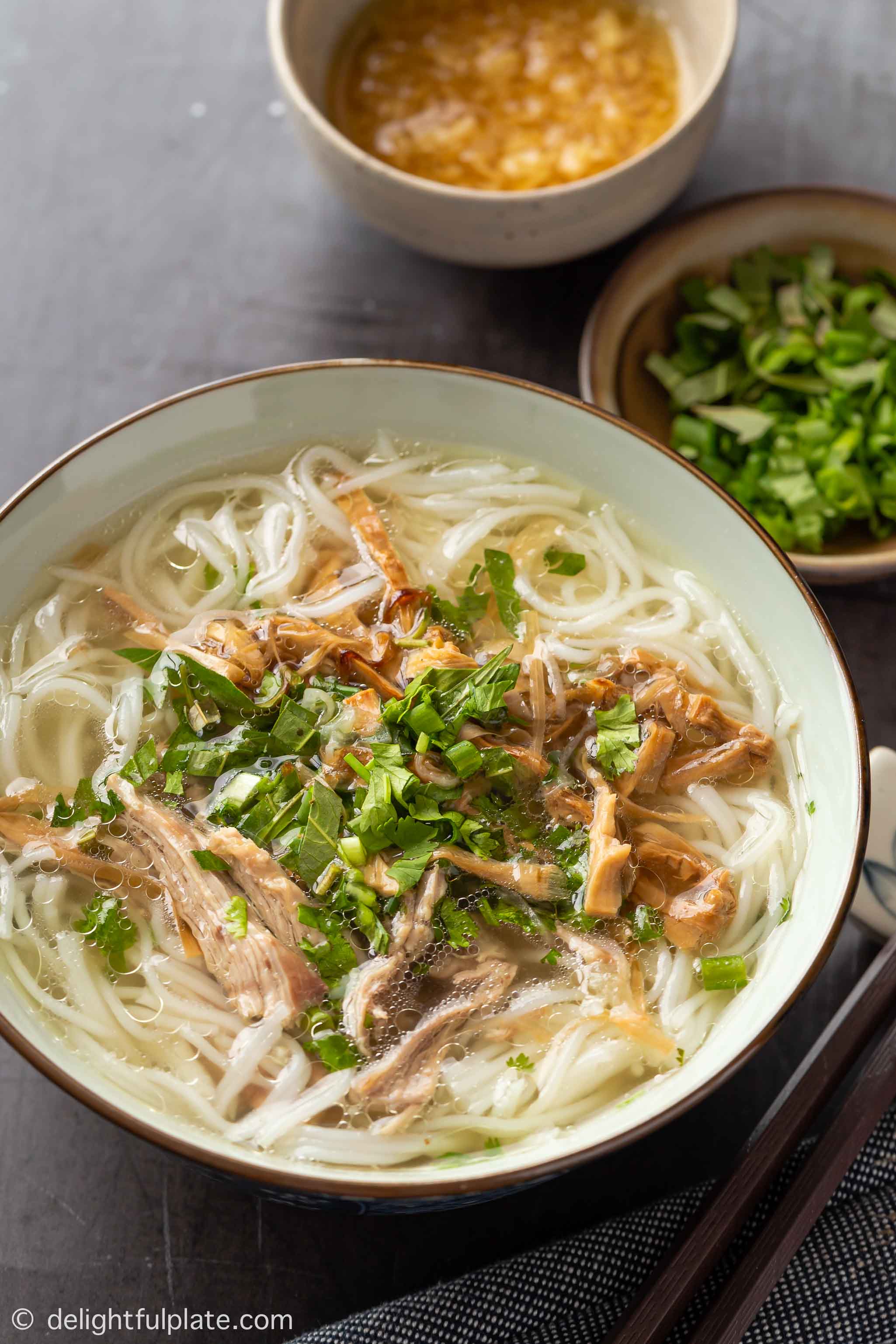 a bowl of Vietnamese duck and bamboo shoot noodle soup with ginger dipping sauce on the side